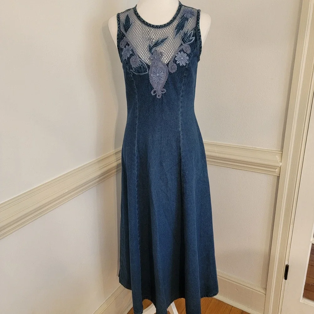 Vintage Styleworks Denim Maxi‎ Dress Blue Embroidered Mesh Floral Boho Women's 4 - Picture 2 of 12